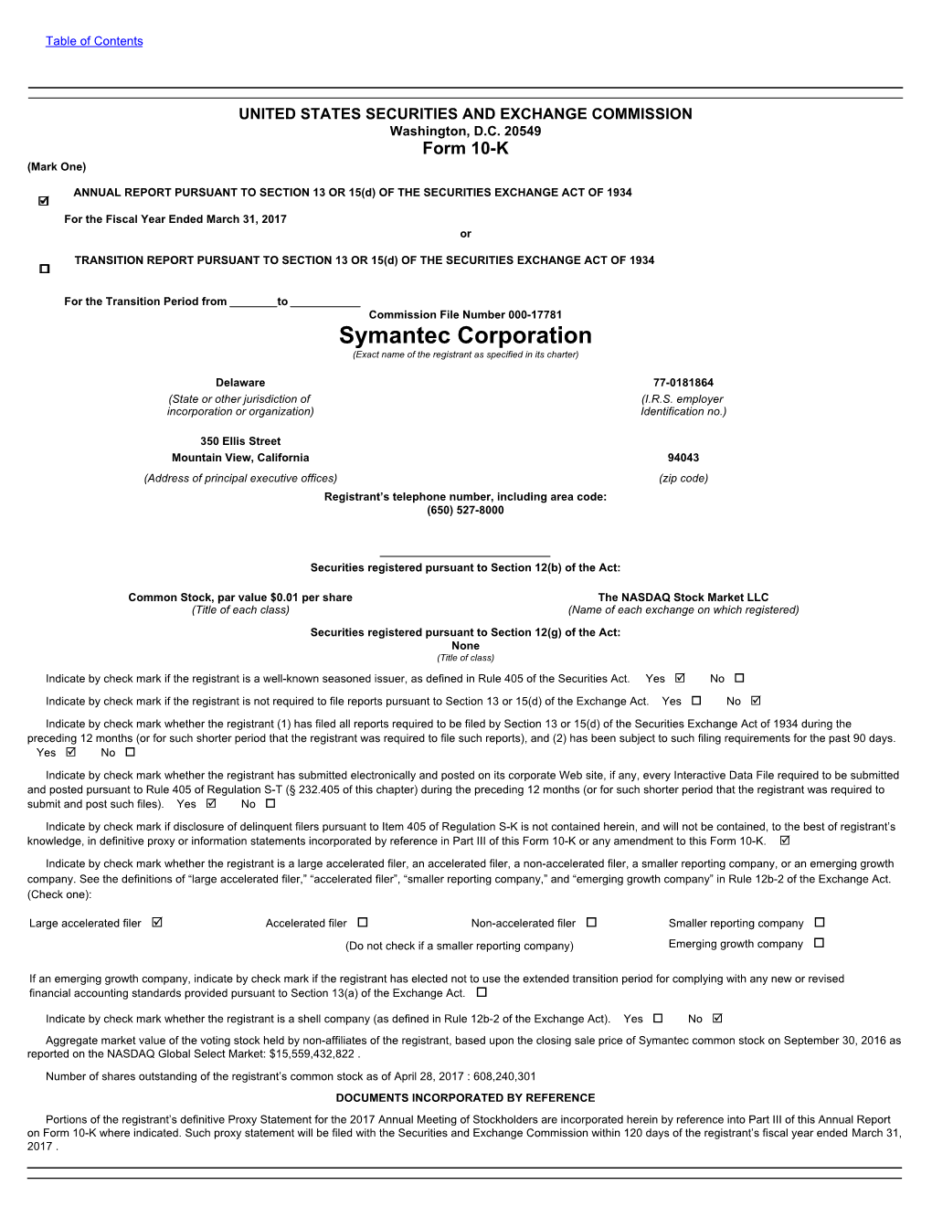 Symantec Corporation (Exact Name of the Registrant As Specified in Its Charter)