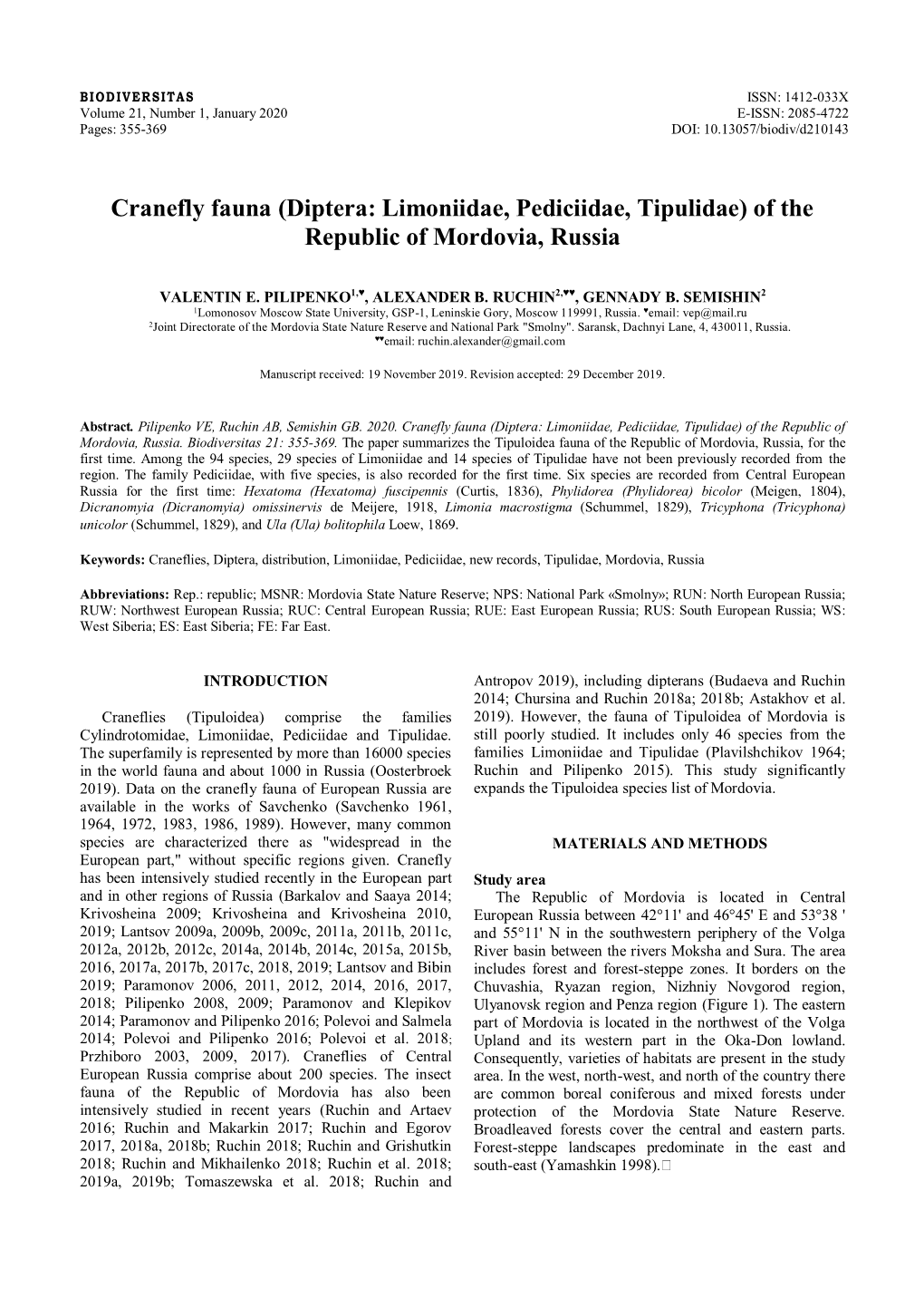 Cranefly Fauna (Diptera: Limoniidae, Pediciidae, Tipulidae) of the Republic of Mordovia, Russia