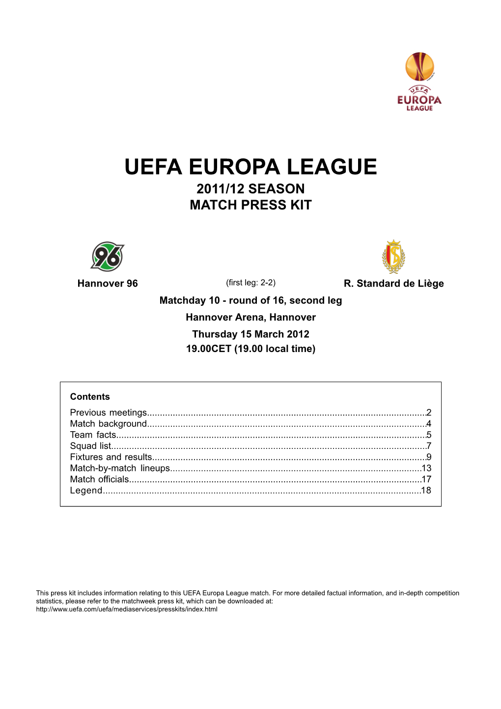 Uefa Europa League 2011/12 Season Match Press Kit