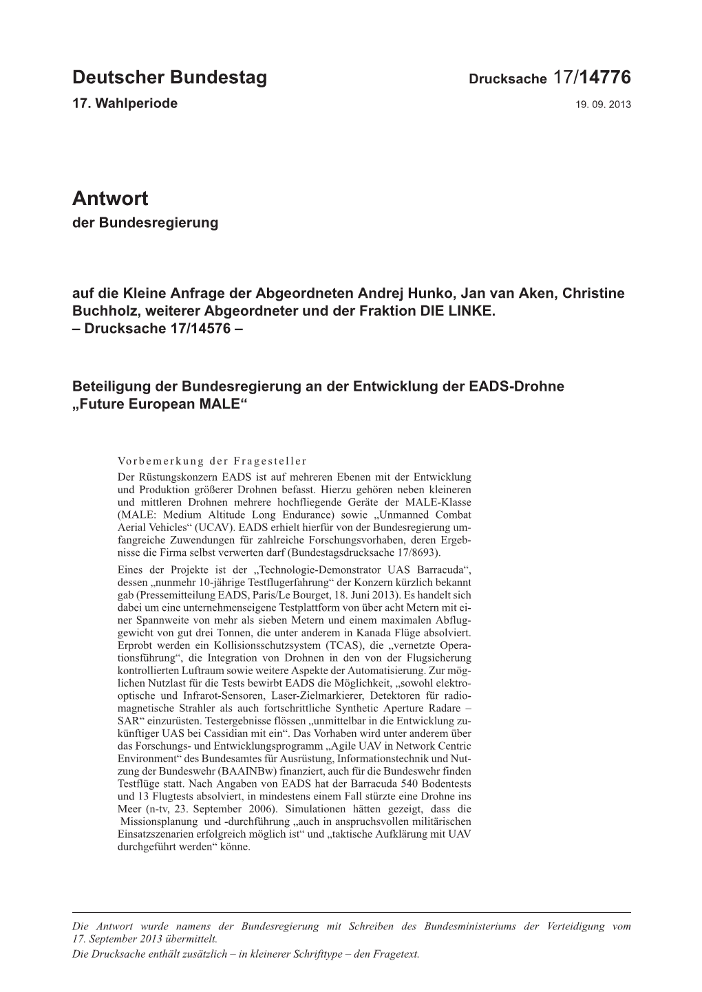 Beteiligung Der Bundesregierung an Der Entwicklung Der EADS-Drohne „Future European MALE“