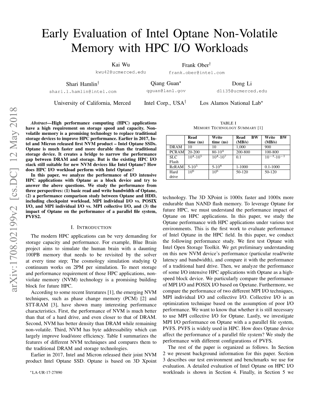 Early Evaluation of Intel Optane Non-Volatile Memory with HPC I/O Workloads