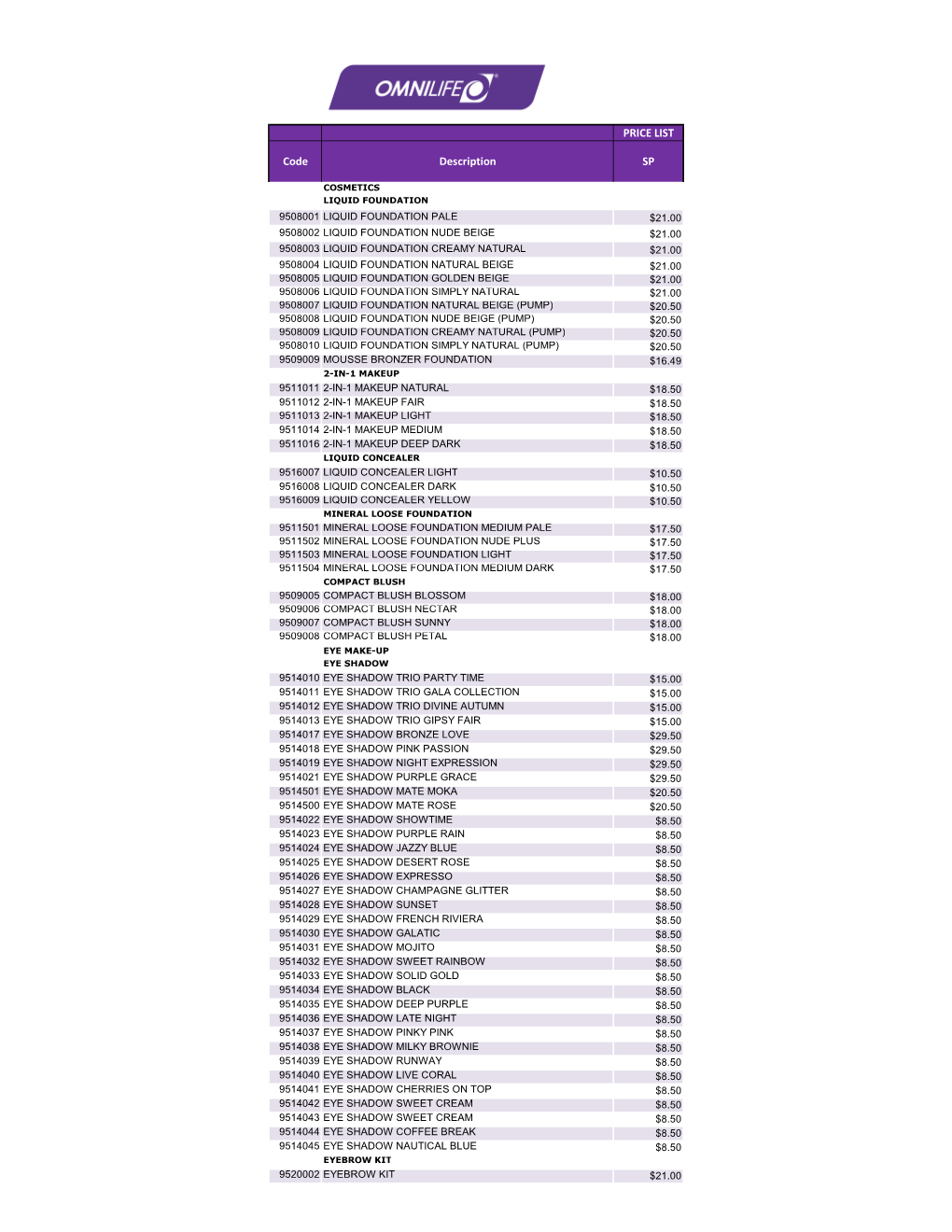 SP PRICE LIST Code Description