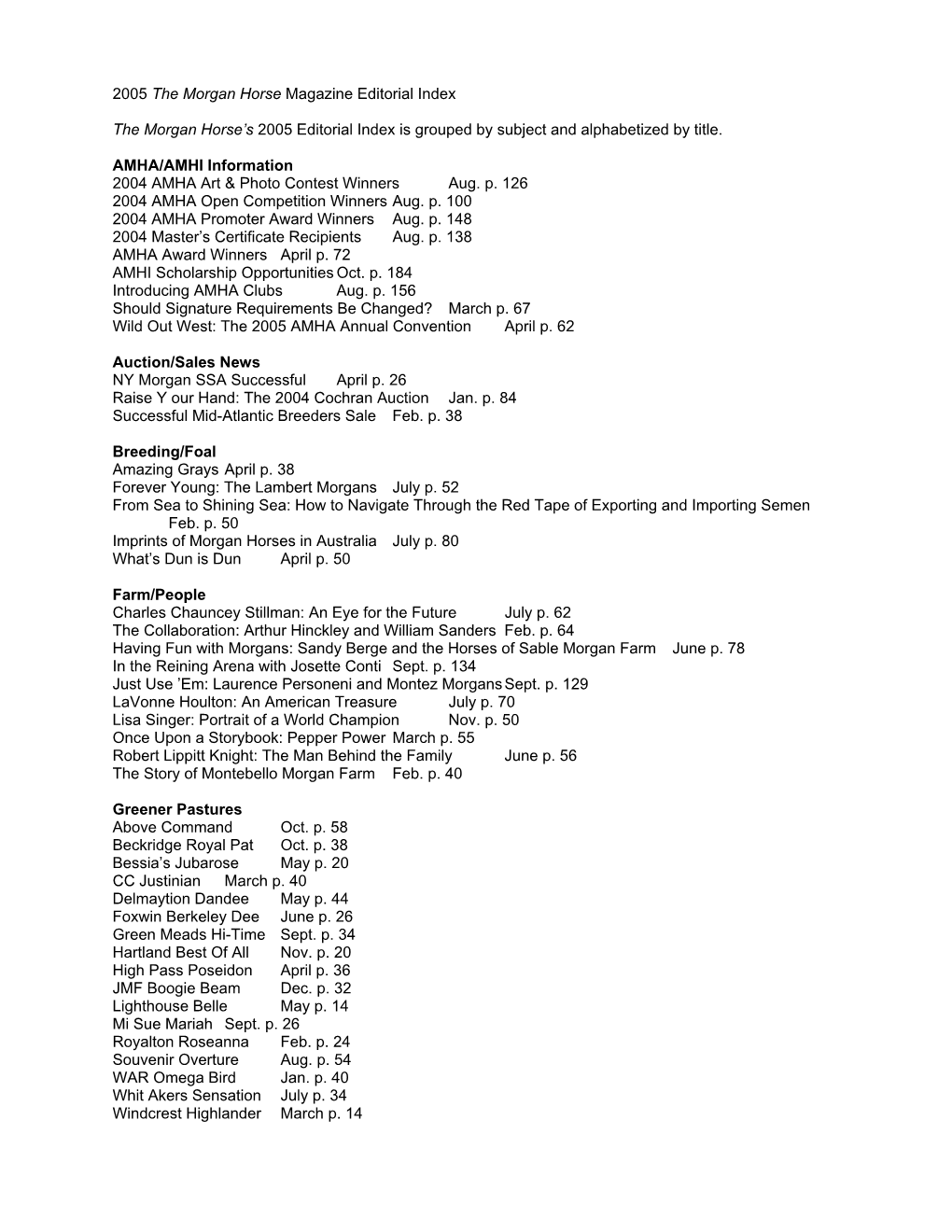 2005 Editorial Index Is Grouped by Subject and Alphabetized by Title