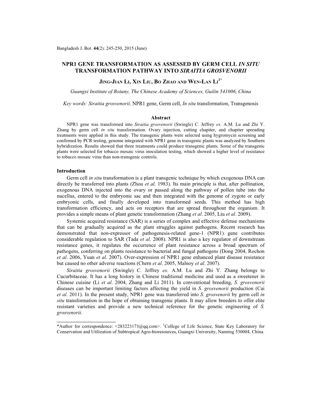 Npr1 Gene Transformation As Assessed by Germ Cell in Situ Transformation Pathway Into Siraitia Grosvenorii