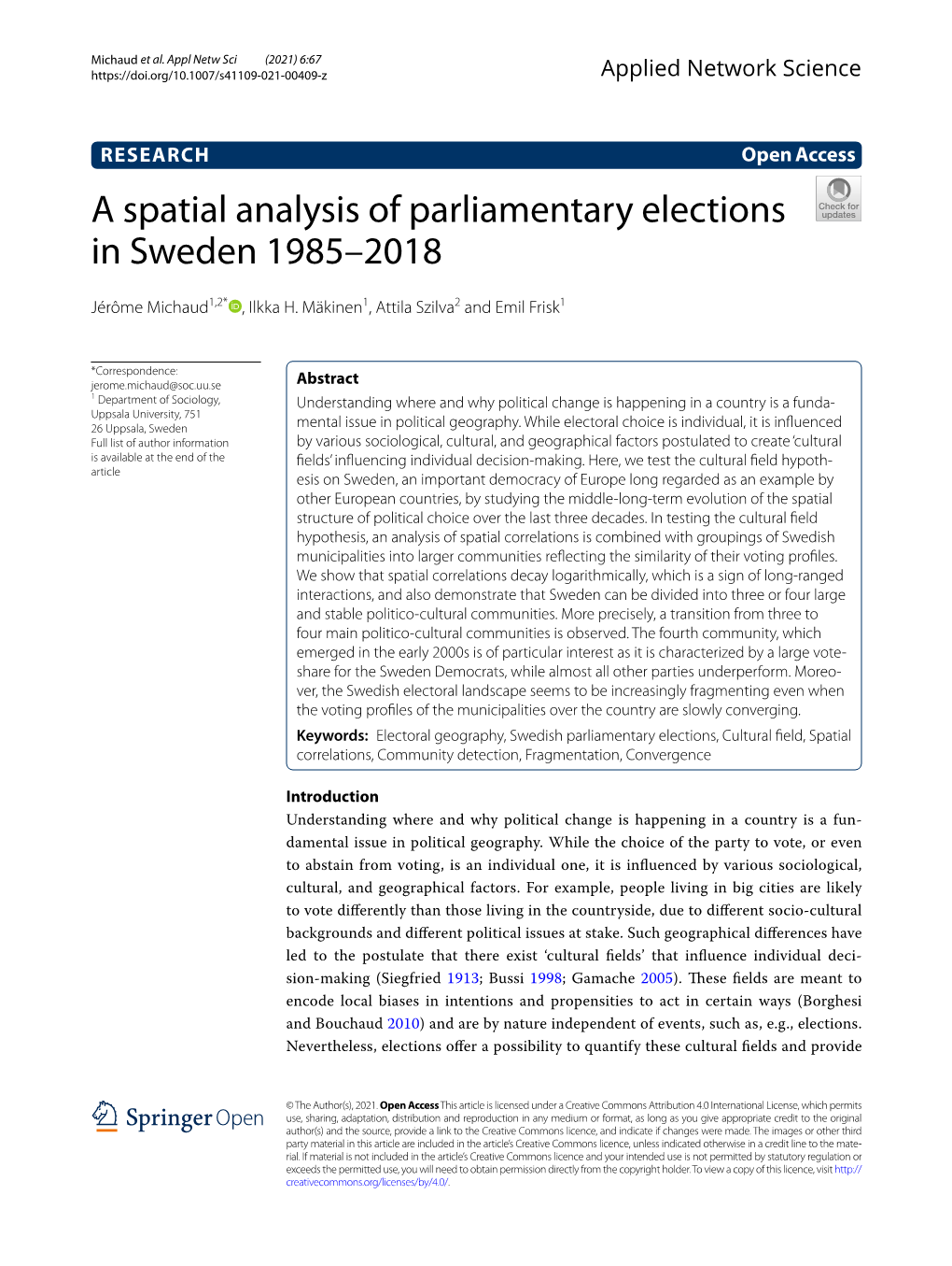 A Spatial Analysis of Parliamentary Elections in Sweden 1985–2018