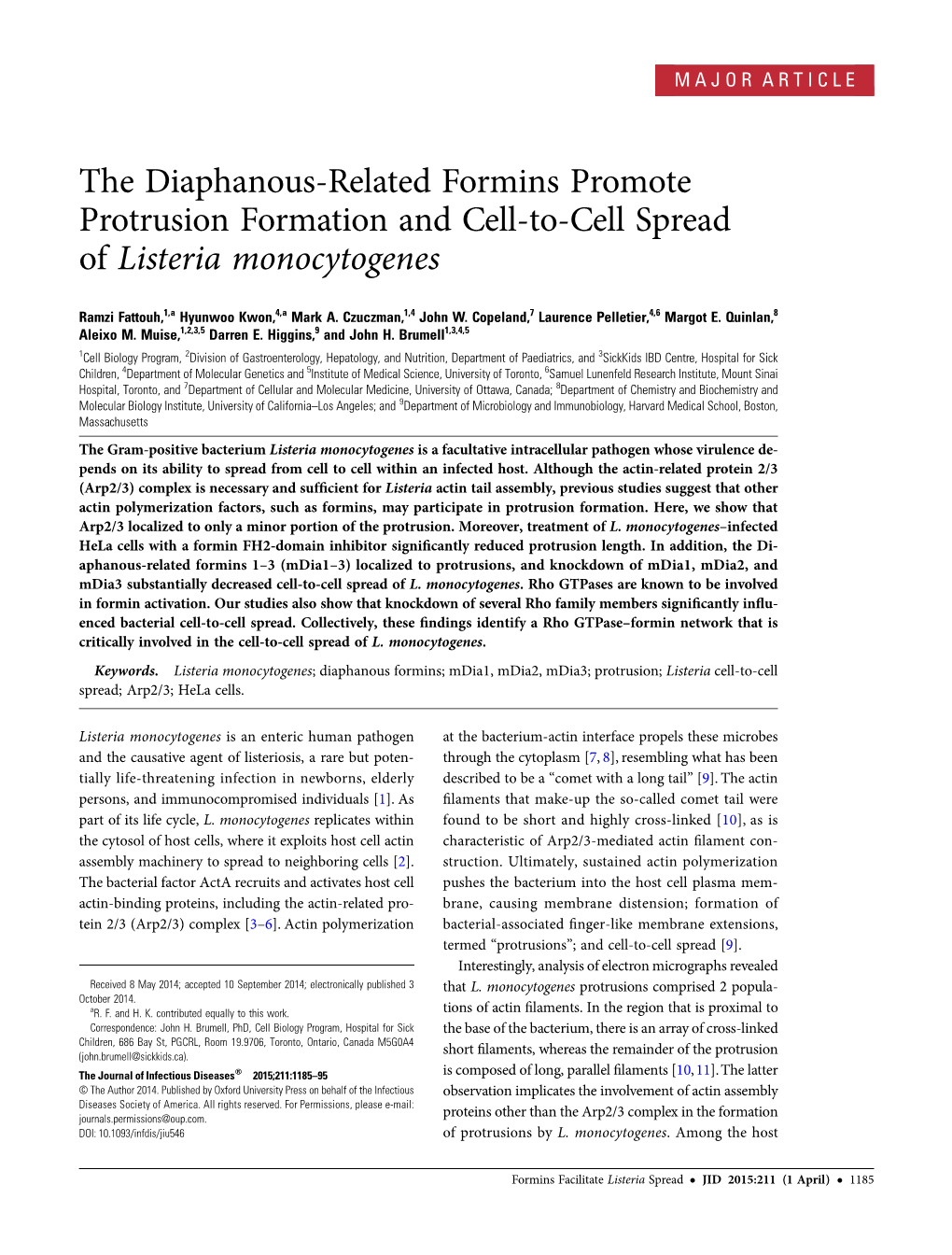 The Diaphanous-Related Formins Promote Protrusion Formation and Cell-To-Cell Spread of Listeria Monocytogenes