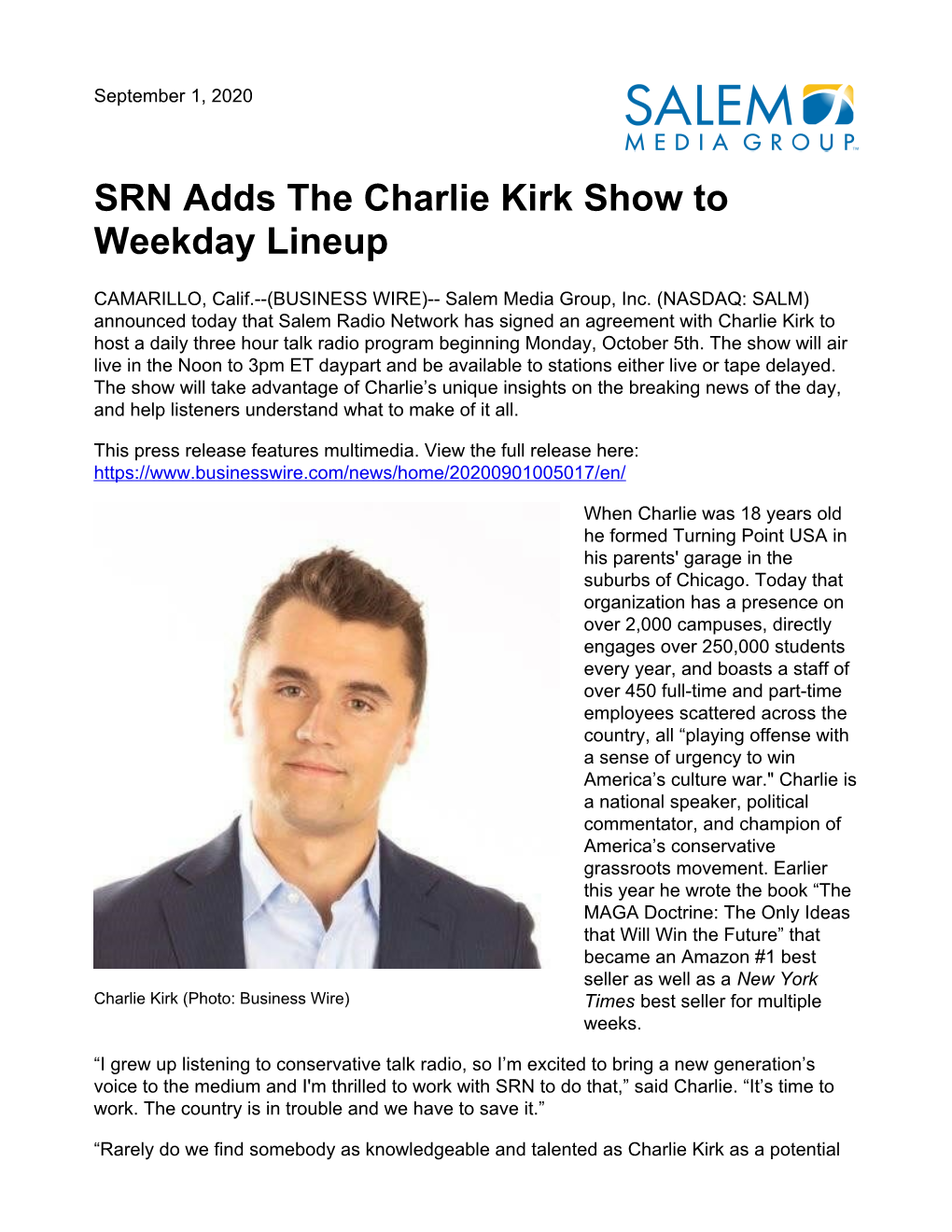 SRN Adds the Charlie Kirk Show to Weekday Lineup