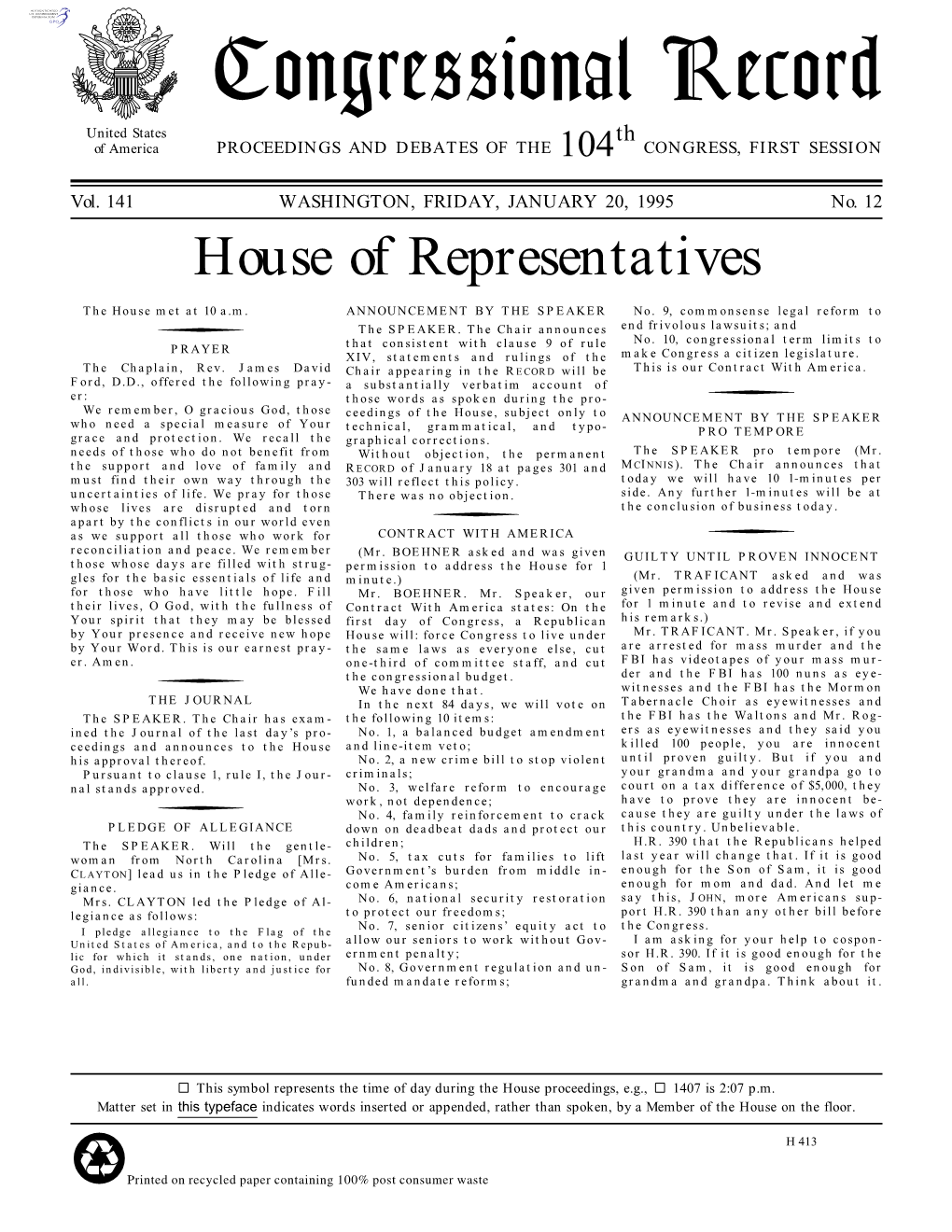 Congressional Record United States Th of America PROCEEDINGS and DEBATES of the 104 CONGRESS, FIRST SESSION