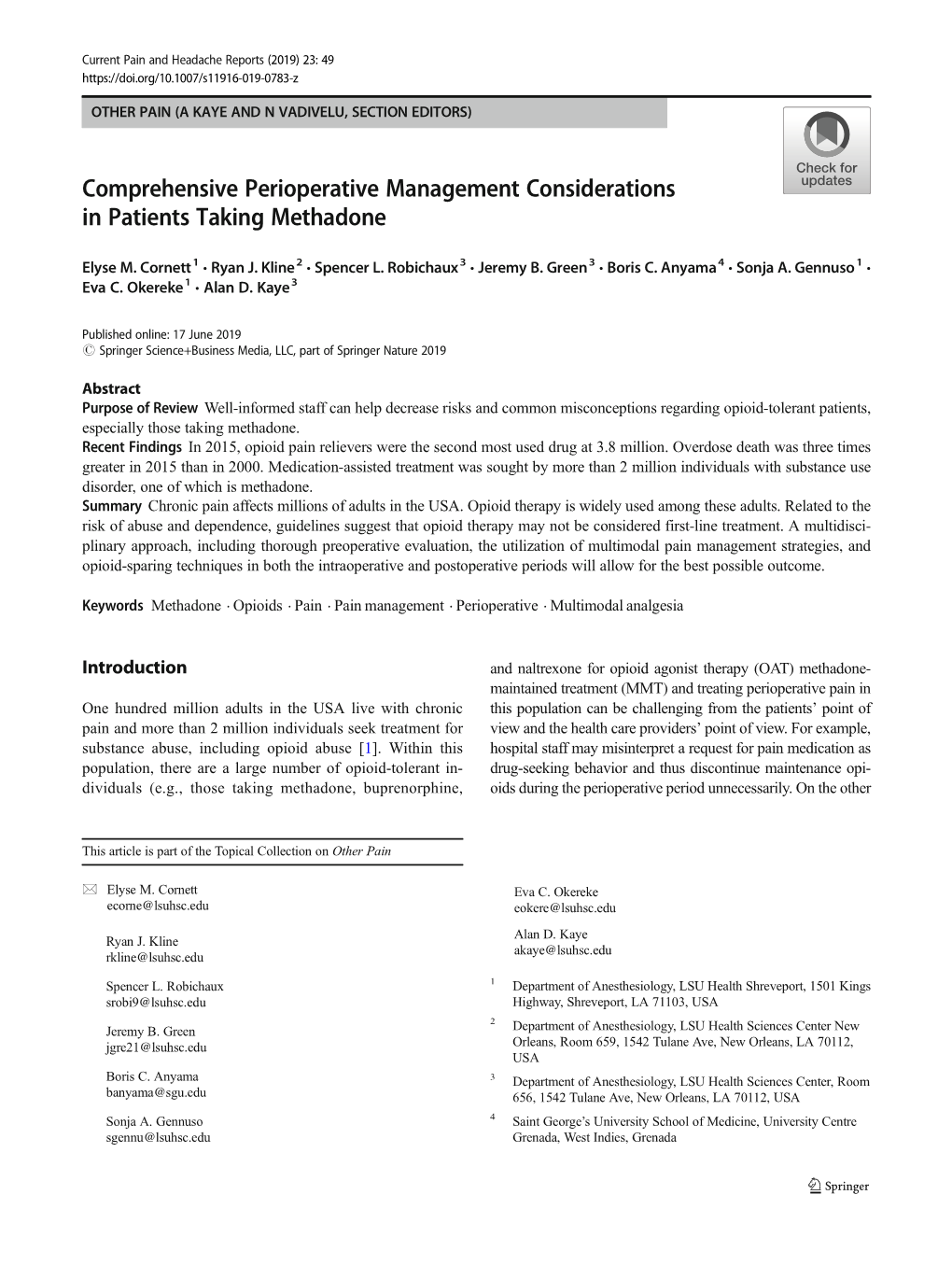 Comprehensive Perioperative Management Considerations in Patients Taking Methadone