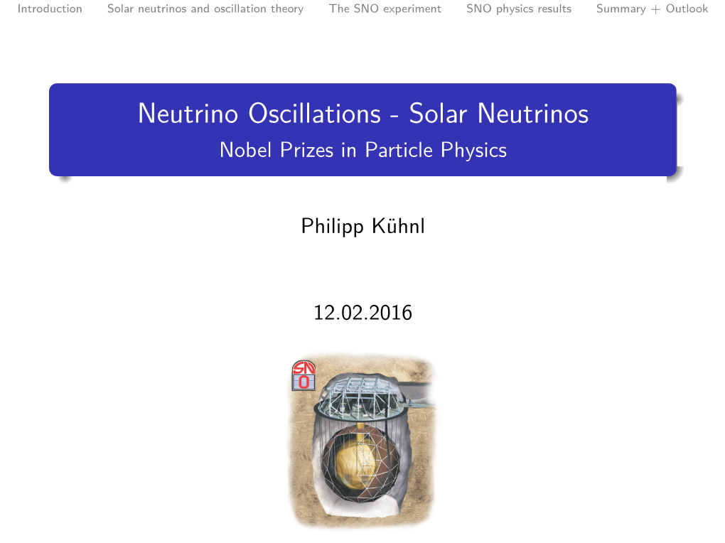 Solar Neutrinos and Oscillation Theory the SNO Experiment SNO Physics Results Summary + Outlook