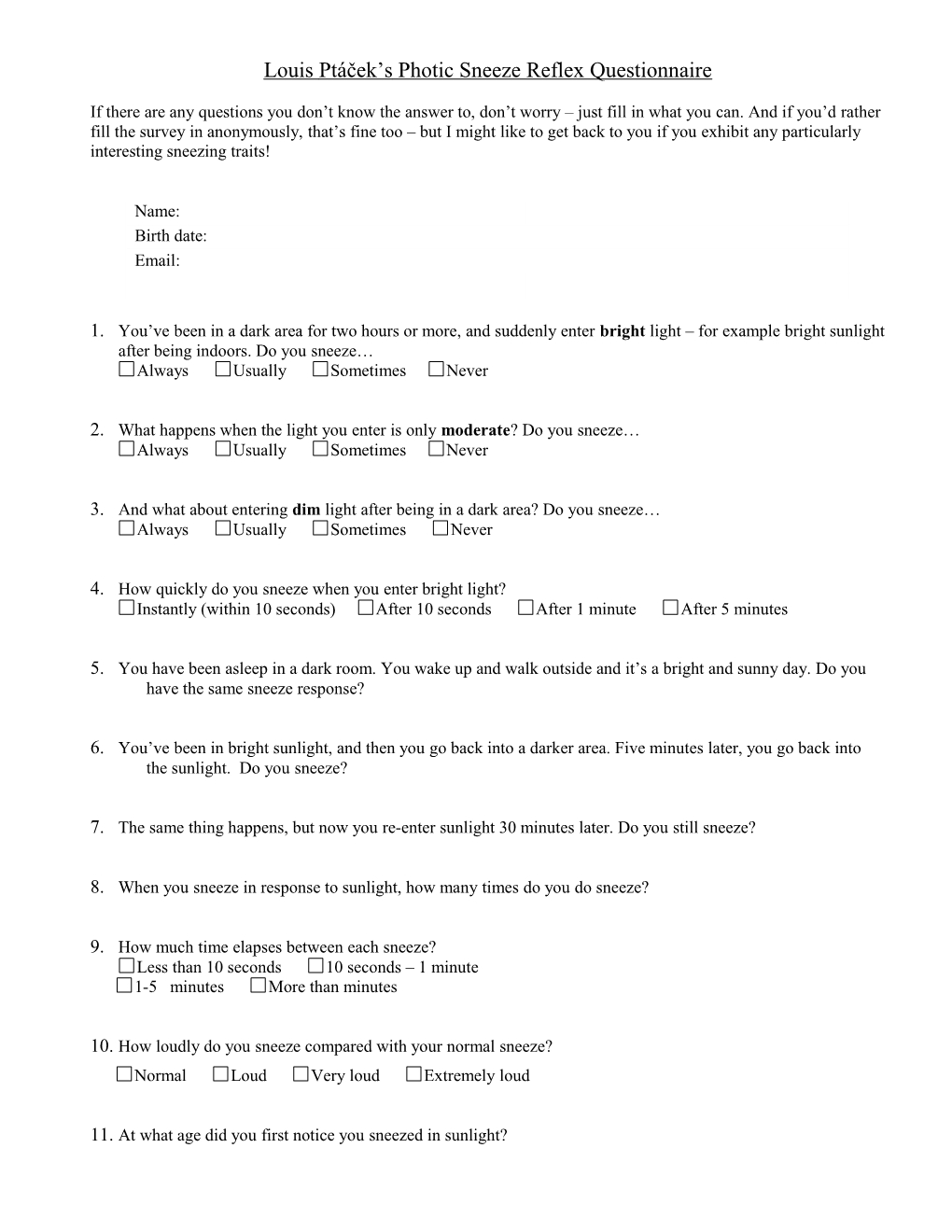 Photic Sneeze Reflex Questionnaire