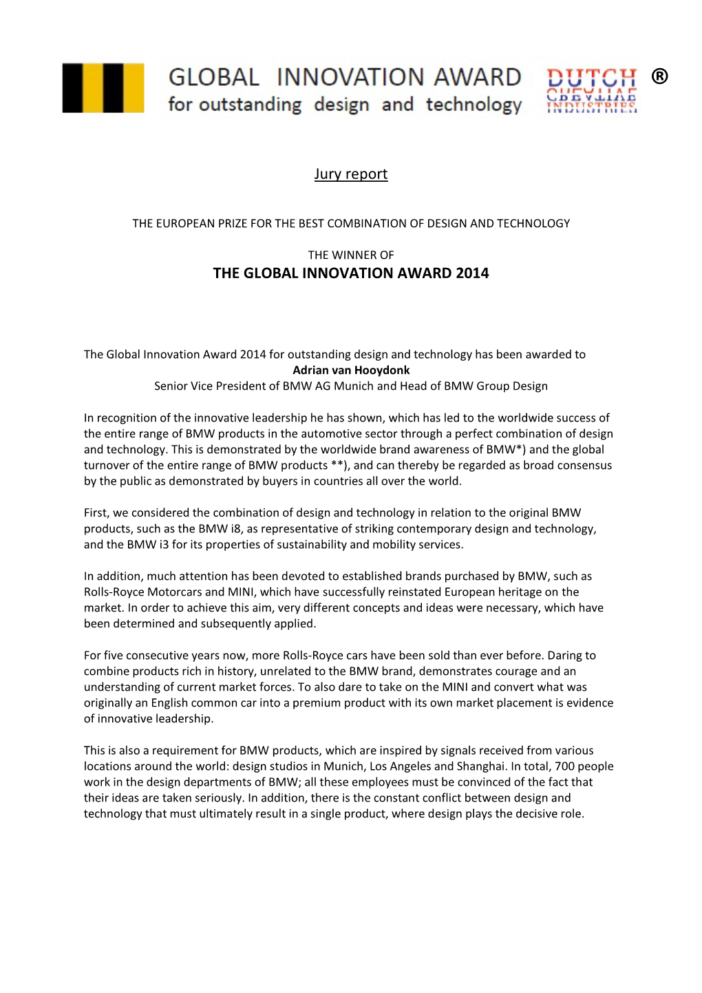 Jury Report the GLOBAL INNOVATION AWARD 2014