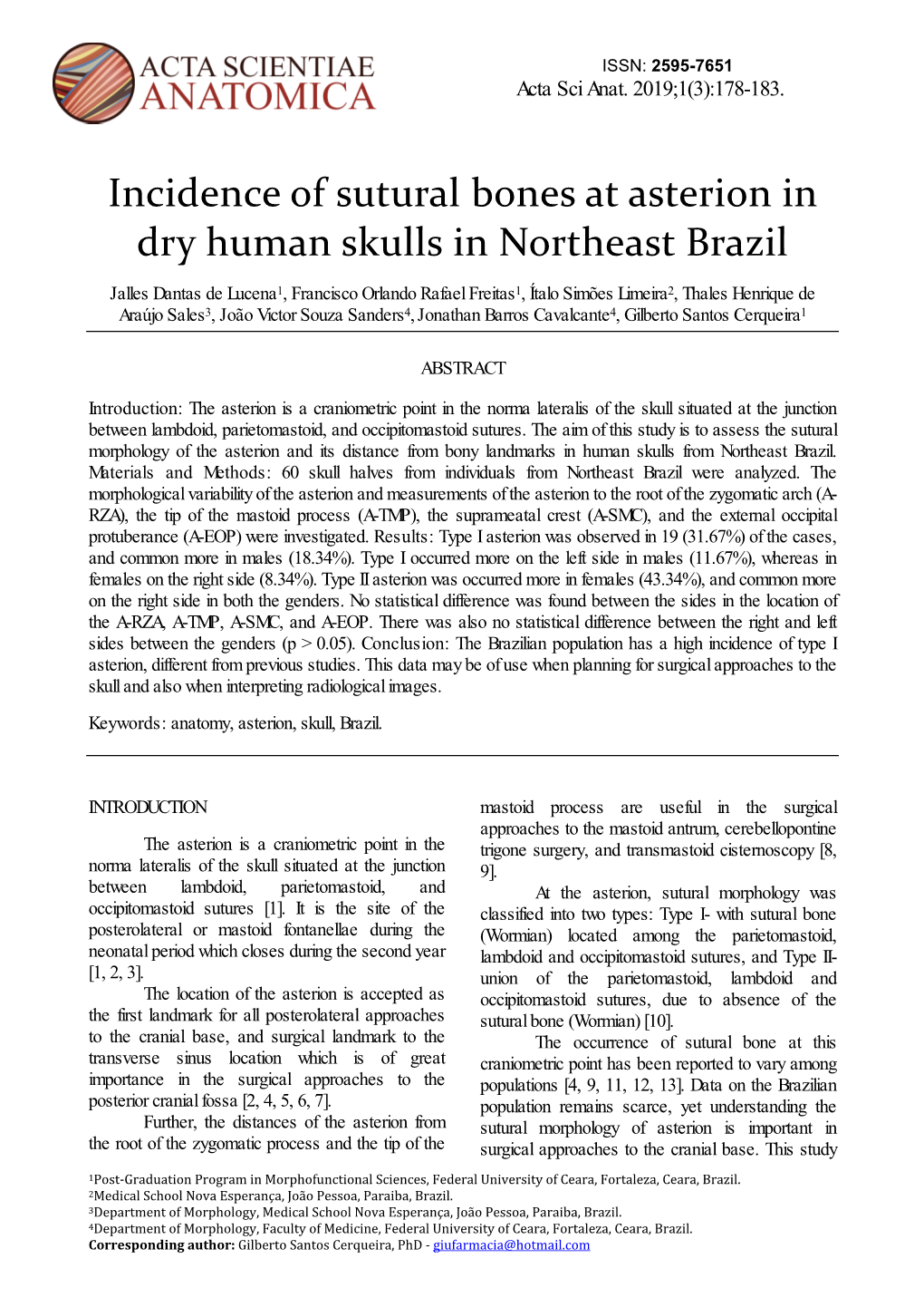 Incidence of Sutural Bones at Asterion in Dry Human Skulls in Northeast Brazil