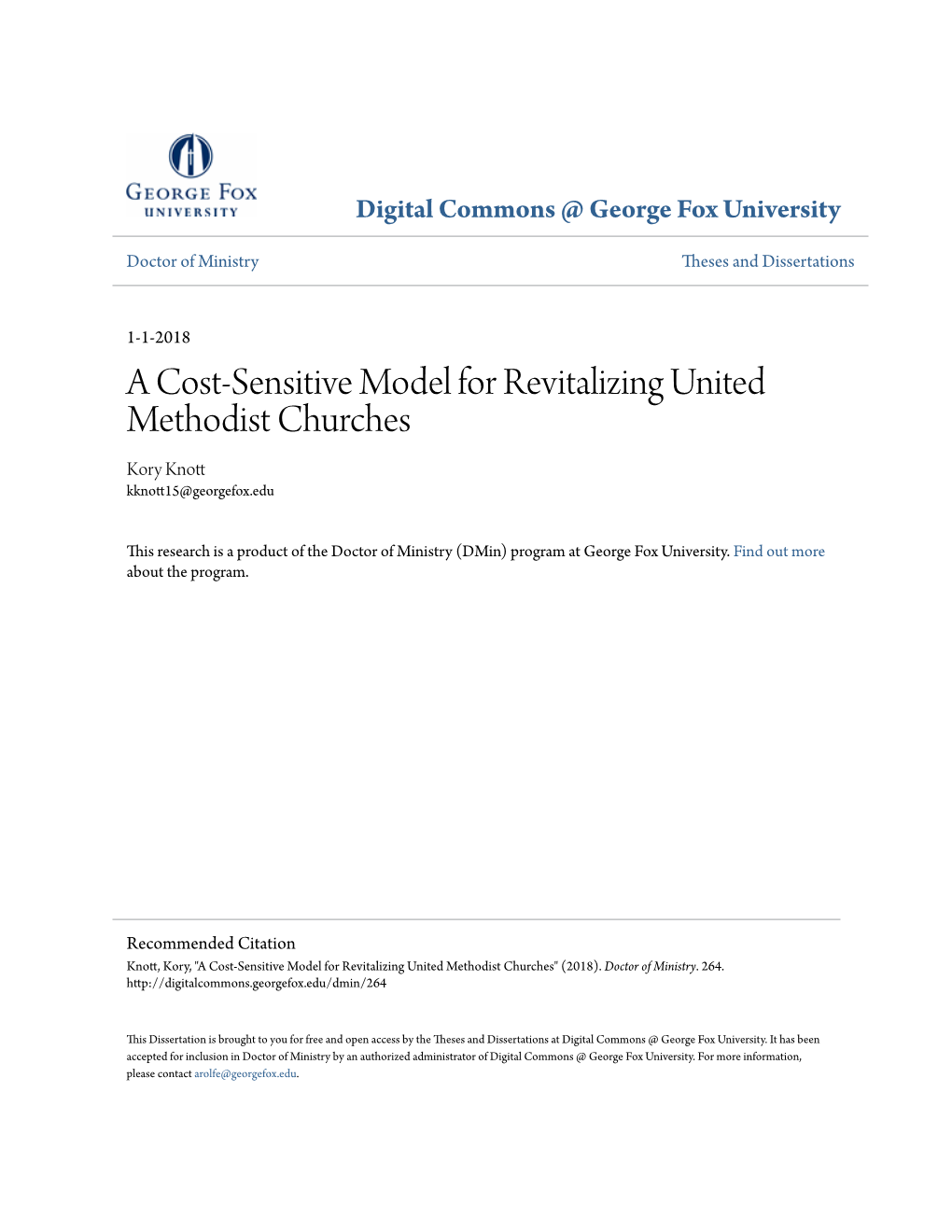 A Cost-Sensitive Model for Revitalizing United Methodist Churches Kory Knott Kknott15@Georgefox.Edu