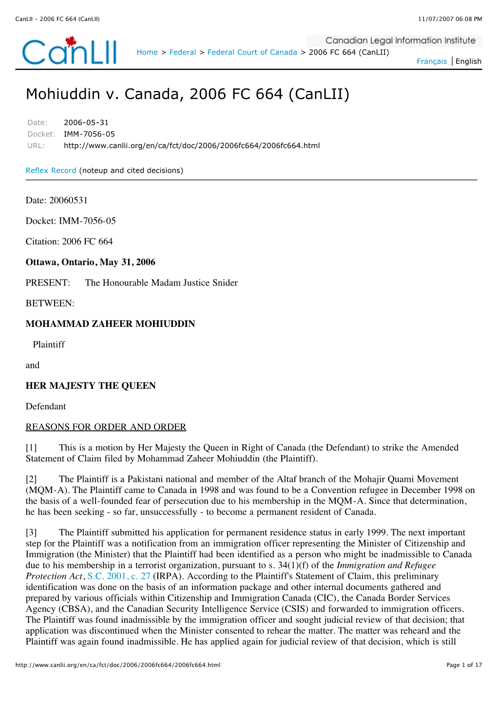 Canlii - 2006 FC 664 (Canlii) 11/07/2007 06:08 PM