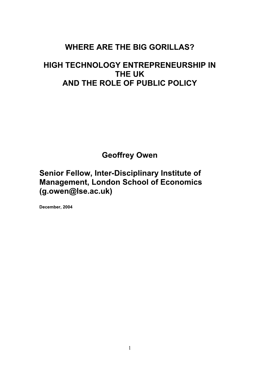 Entrepreneurship in High Technology Industries