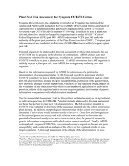 Plant Pest Risk Assessment for Syngenta COT67B Cotton