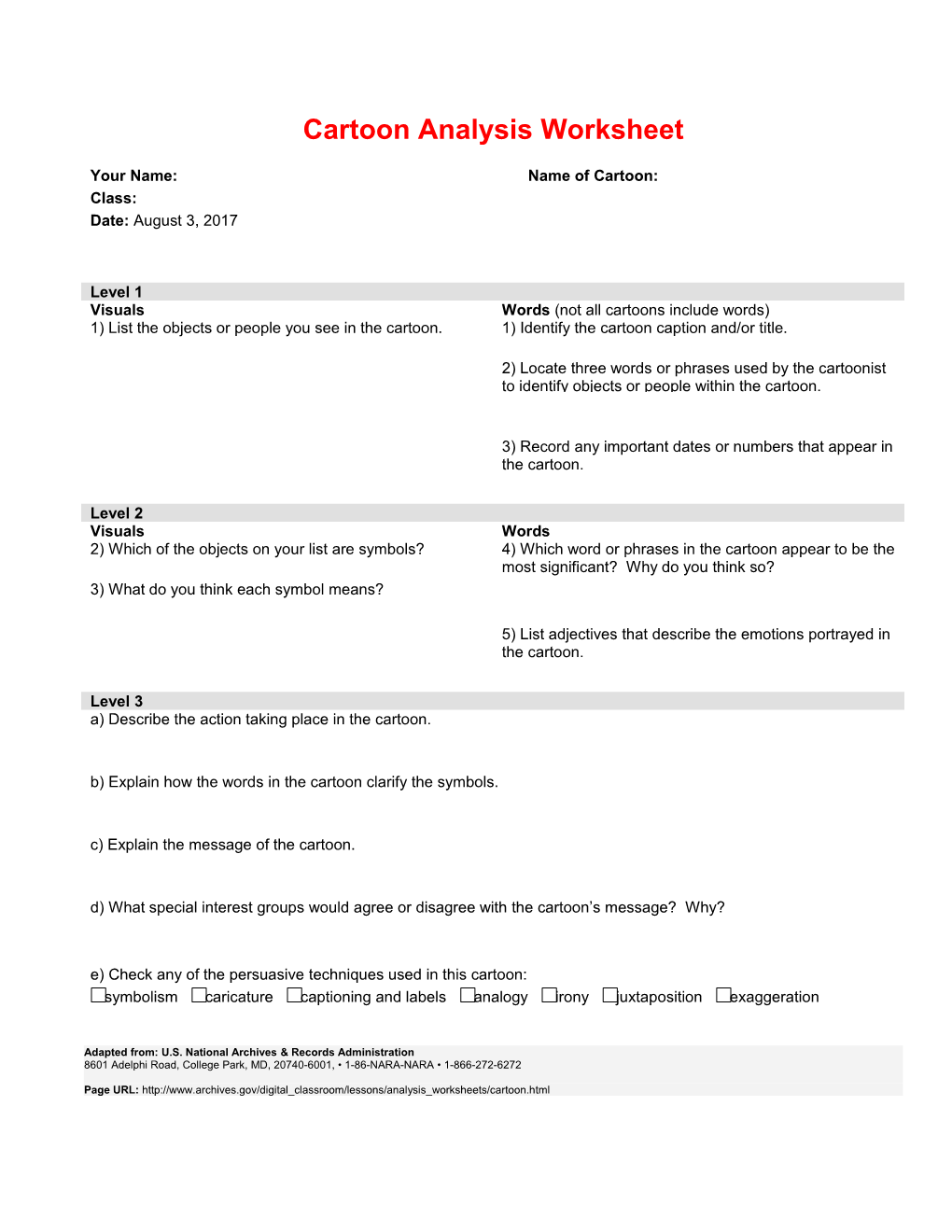 List The Objects Or People You See In The Cartoon (Cartoon Analysis Worksheet)