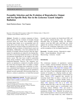 Fecundity Selection and the Evolution of Reproductive Output and Sex-Speciﬁc Body Size in the Liolaemus Lizard Adaptive Radiation