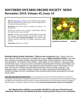SOUTHERN ONTARIO ORCHID SOCIETY NEWS November 2010, Volume 45, Issue 10