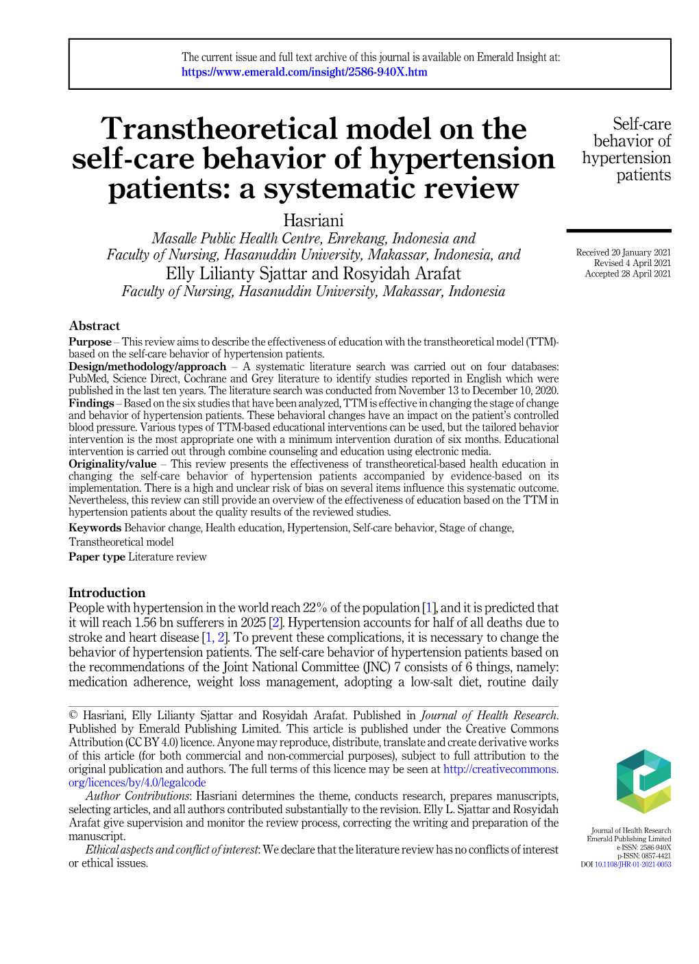 Transtheoretical Model on the Self-Care Behavior