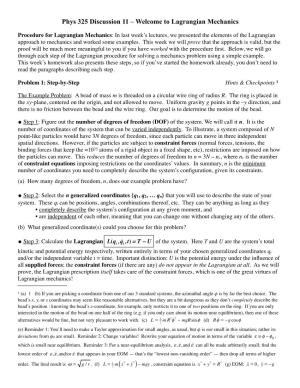 Phys 325 Discussion 11 – Welcome to Lagrangian Mechanics