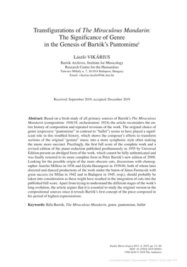 Transfigurations of the Miraculous Mandarin: the Significance of Genre in the Genesis of Bartók’S Pantomime1
