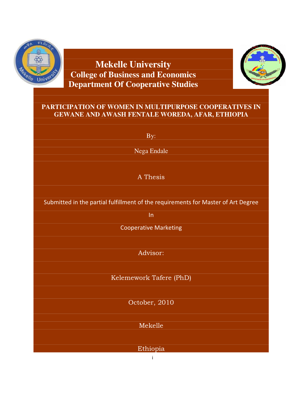 Abstract Participation of Women in Multipurpose Cooperatives in Gewane and Awash Fentale Woreda, Afar, Ethiopia