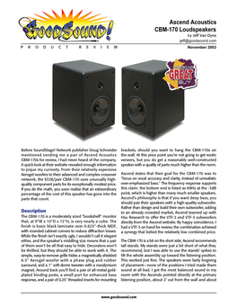 Ascend Acoustics CBM-170 Loudspeakers by Jeff Van Dyne Jeff@Goodsound.Com P R O D U C T R E V I E W November 2003