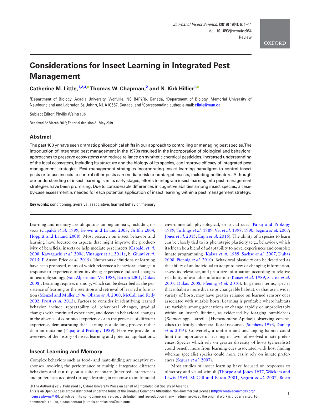 Considerations for Insect Learning in Integrated Pest Management
