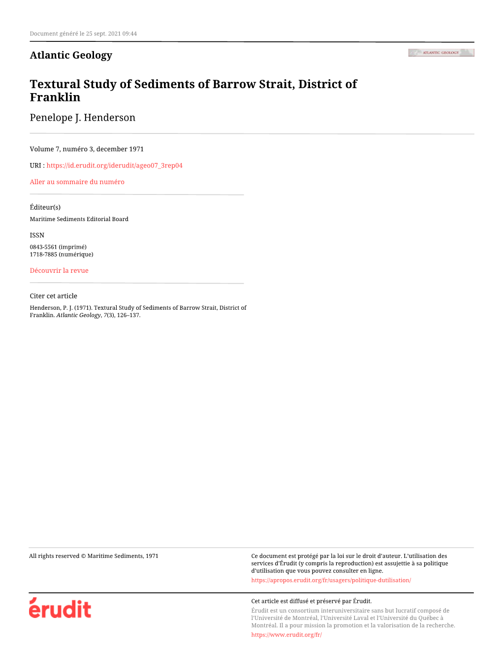 Textural Study of Sediments of Barrow Strait, District of Franklin Penelope J