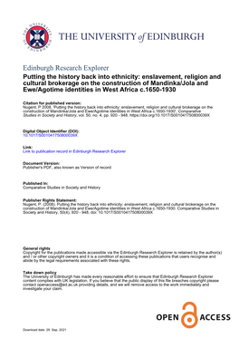Putting the History Back Into Ethnicity: Enslavement, Religion and Cultural Brokerage on the Construction of Mandinka/Jola And