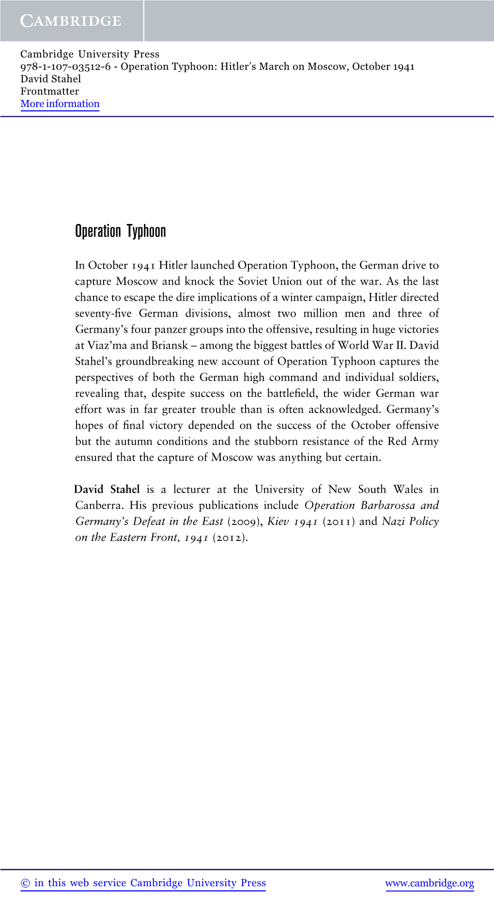 Operation Typhoon: Hitler’S March on Moscow, October 1941 David Stahel Frontmatter More Information