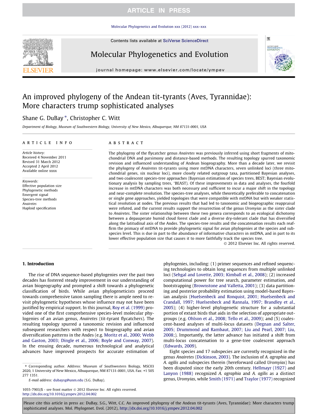 An Improved Phylogeny of the Andean Tit-Tyrants (Aves, Tyrannidae): More Characters Trump Sophisticated Analyses ⇑ Shane G