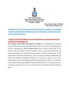 Government of India India Meteorological Department Regional Meteorological Centre Mumbai – 400005 Press Release Dated: 31/10/2019 Time of Issue: 1800 Hrs