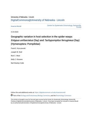 Geographic Variation in Host Selection in the Spider Wasps &lt;I&gt;Entypus