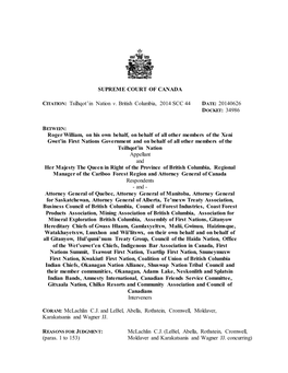 SUPREME COURT of CANADA CITATION: Tsilhqot'in Nation V