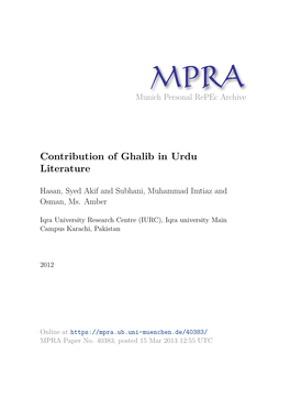 Contribution of Ghalib in Urdu Literature