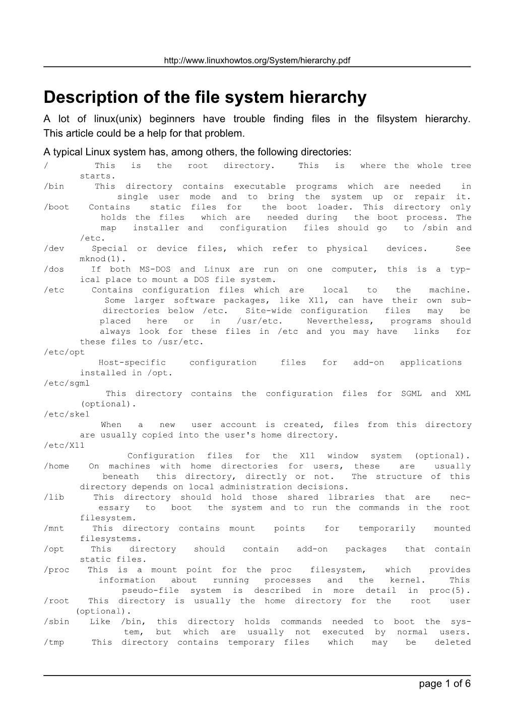 Description of the File System Hierarchy a Lot of Linux(Unix) Beginners Have Trouble Finding Files in the Filsystem Hierarchy