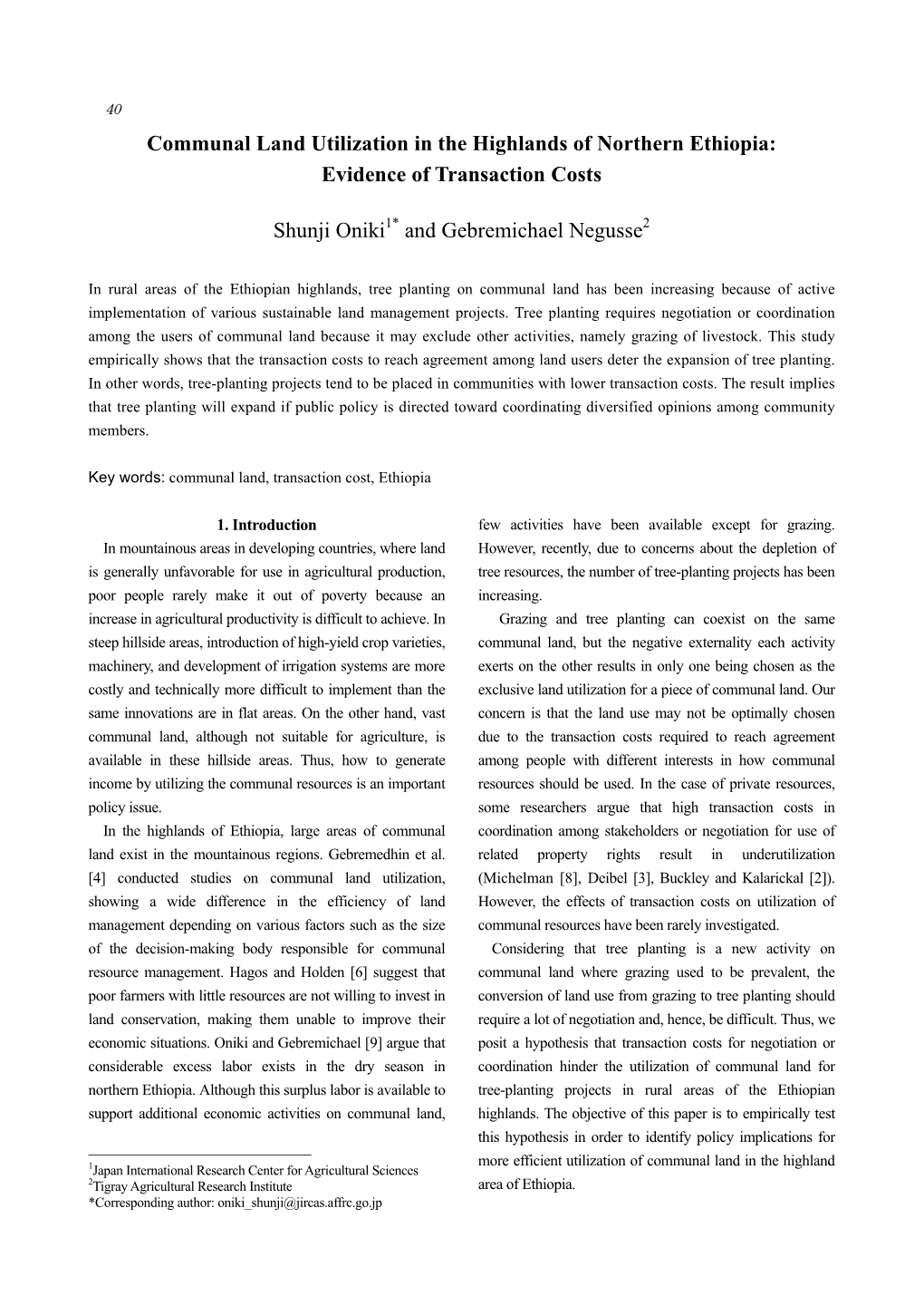 Communal Land Utilization in the Highlands of Northern Ethiopia: Evidence of Transaction Costs