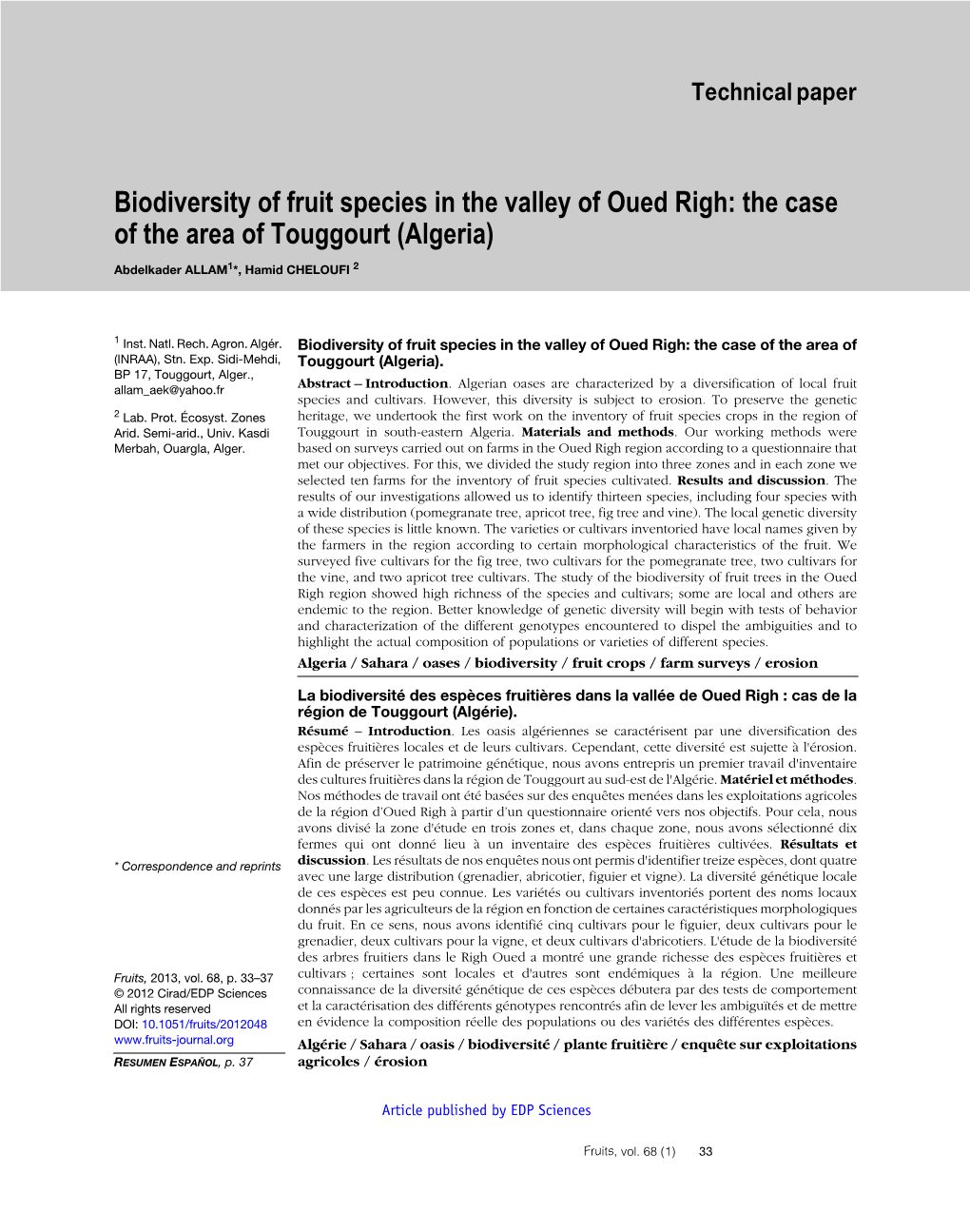 Biodiversity of Fruit Species in the Valley of Oued Righ: the Case of the Area of Touggourt (Algeria)