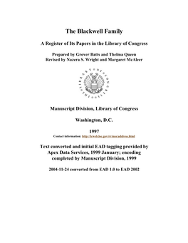 Blackwell Family Papers [Finding Aid]. Library of Congress. [PDF Rendered 2005-01-18.125127.86]
