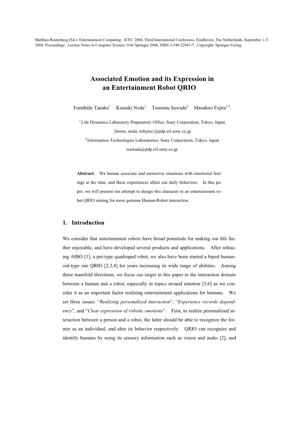 Associated Emotion and Its Expression in an Entertainment Robot QRIO