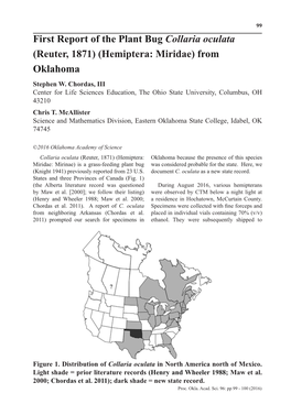 First Report of the Plant Bug Collaria Oculata (Reuter, 1871) (Hemiptera: Miridae) from Oklahoma Stephen W