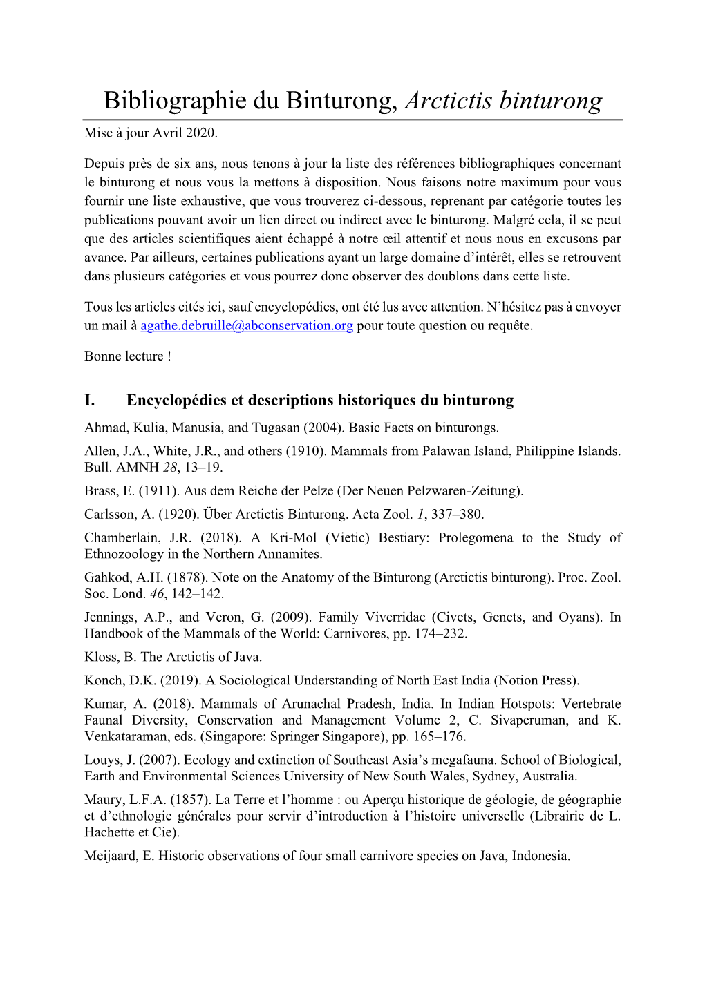 Bibliographie Du Binturong, Arctictis Binturong Mise À Jour Avril 2020