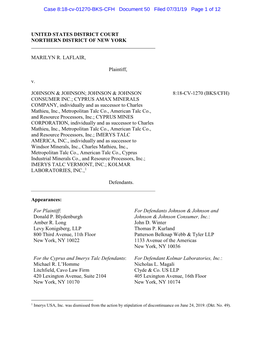 UNITED STATES DISTRICT COURT NORTHERN DISTRICT of NEW YORK MARILYN R. LAFLAIR, Plaintiff, V. JOHNSON & JOHNSON; JOHNSON &