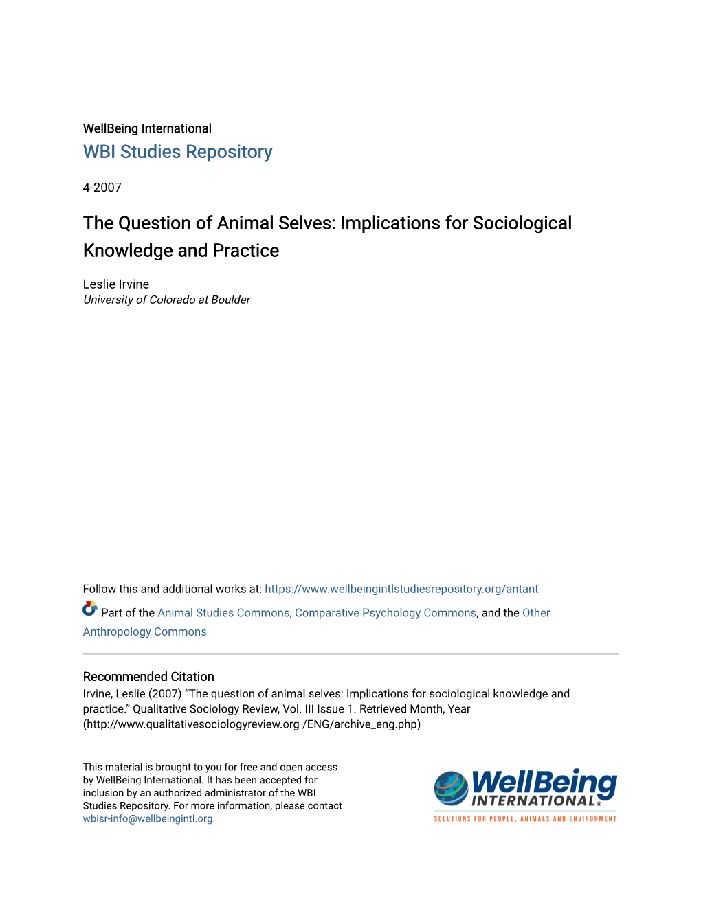 The Question of Animal Selves: Implications for Sociological Knowledge and Practice