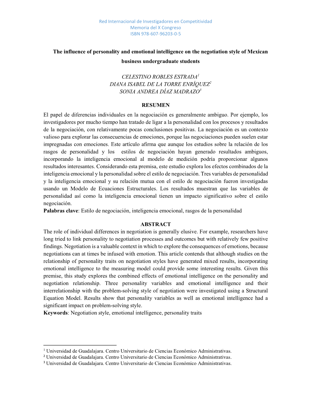 The Influence of Personality and Emotional Intelligence on the Negotiation Style of Mexican Business Undergraduate Students