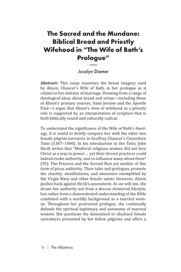 The Sacred and the Mundane: Biblical Bread and Priestly Wifehood in “The Wife of Bath’S Prologue”  Jocelyn Diemer