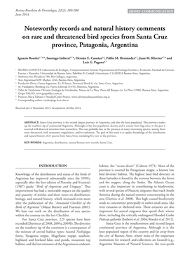 Noteworthy Records and Natural History Comments on Rare and Threatened Bird Species from Santa Cruz Province, Patagonia, Argentina